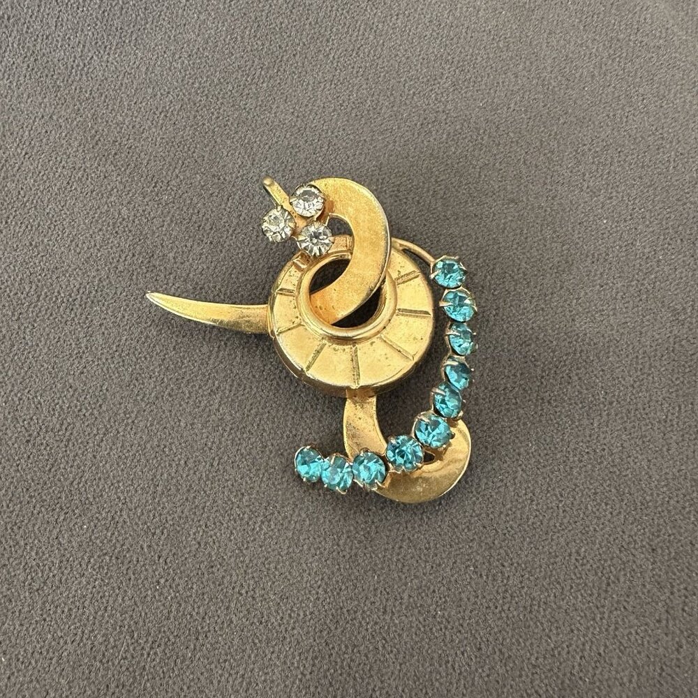 vintage‎ mid century modern Gold Clear And Blue Rhinestone Brooch Pin